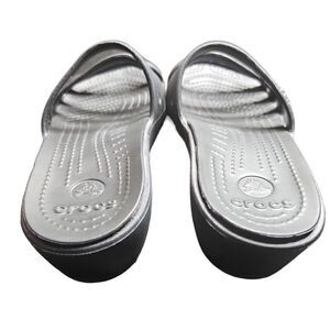CROCS RHONDA Size 6 Black Strappy Wedge Slip On Sandals; Preloved